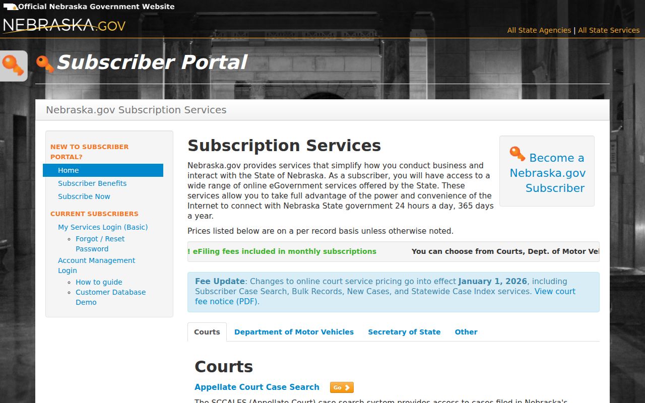 Pawnee County case search Nebraska subscriber access