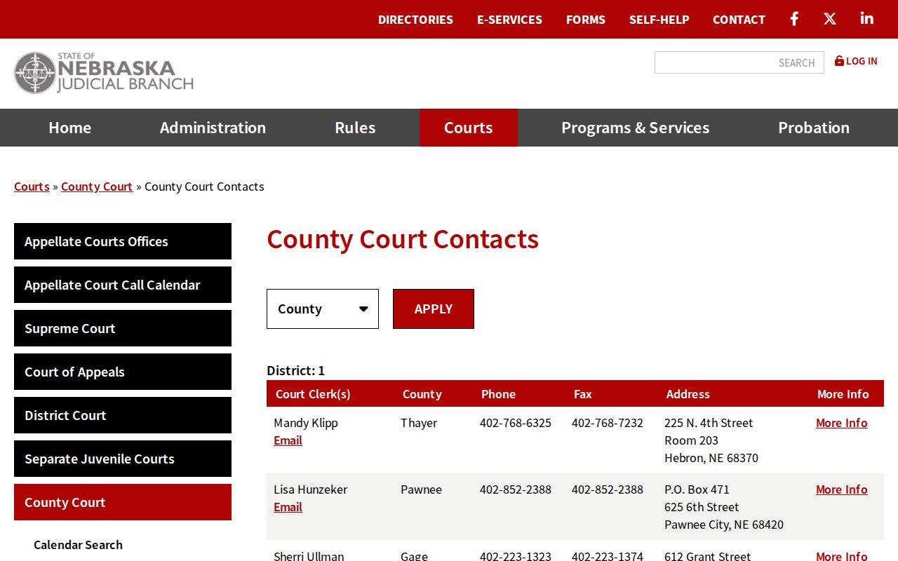 Pawnee court calendar County Court clerk contact