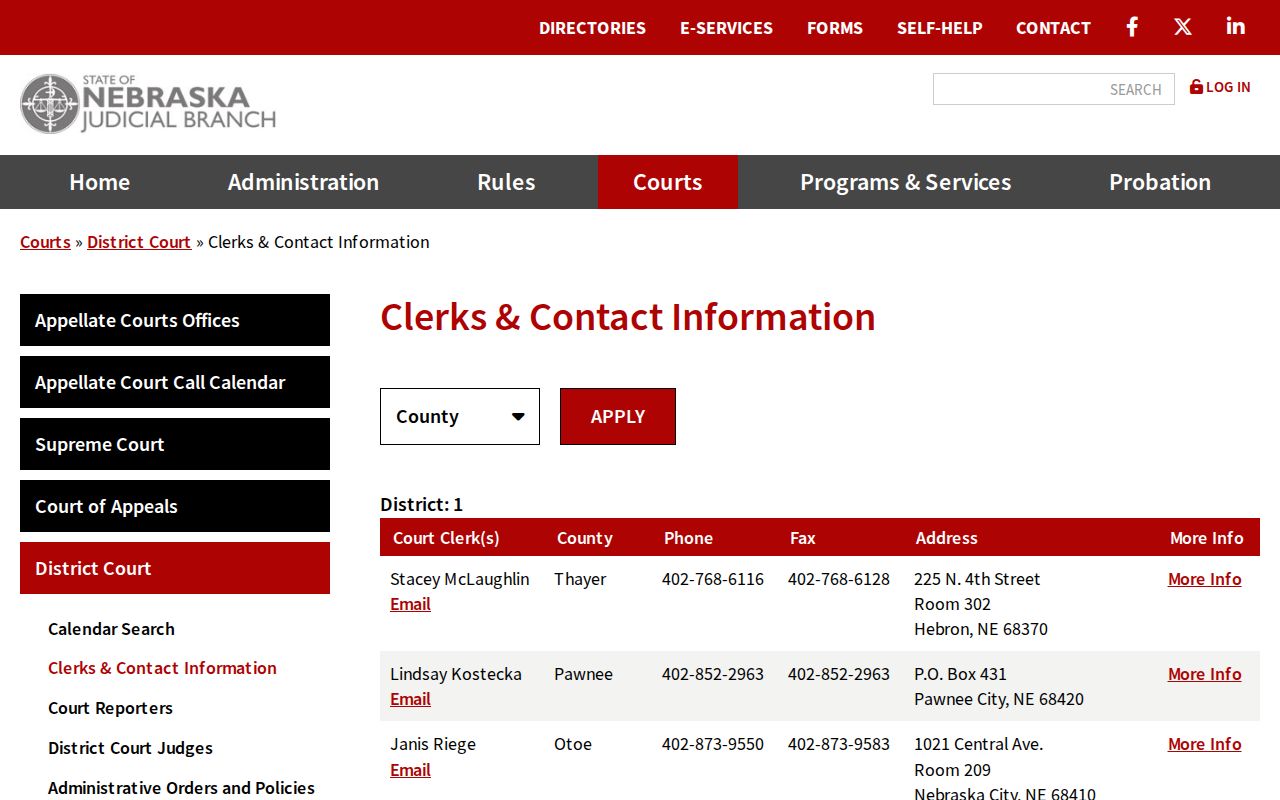 Pawnee court calendar District Court clerk contact