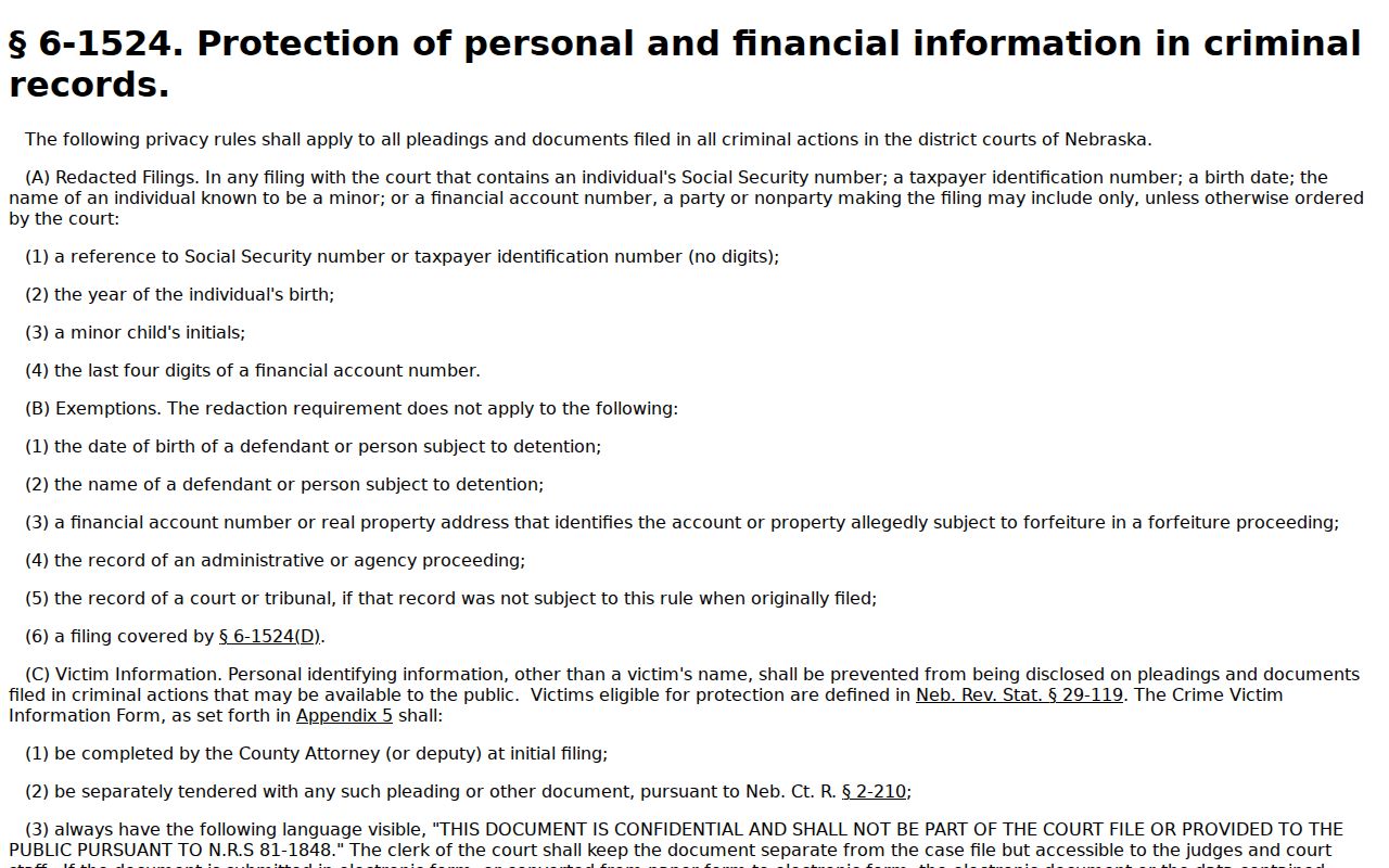 Pawnee criminal docket protected information rule