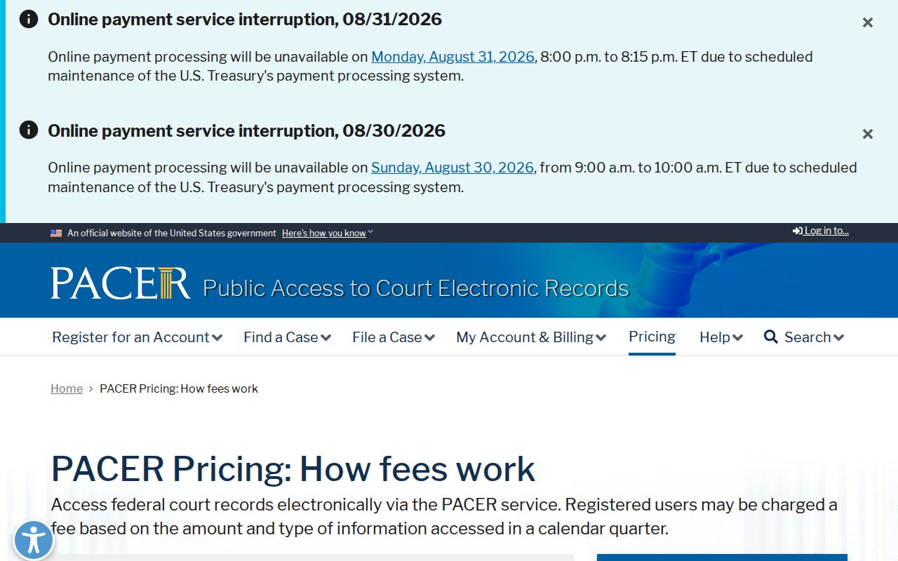 Pawnee County court docket PACER pricing information